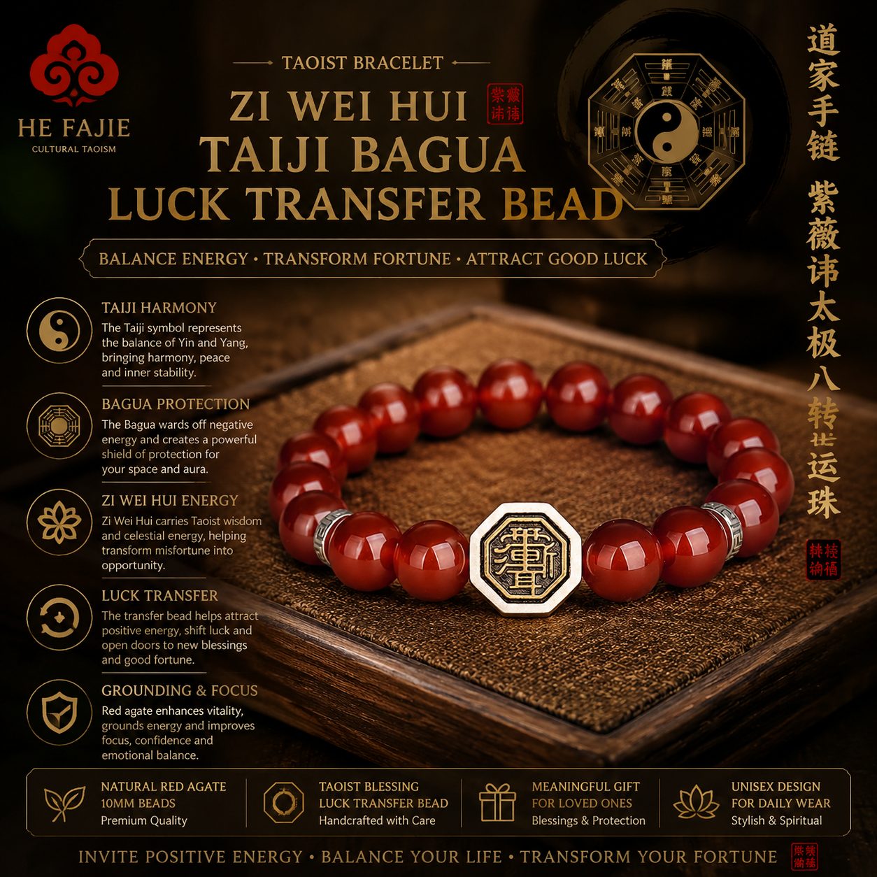 Taoist Bracelet Purple Microcosm Taboo Tai Chi Bagua Fortune Beads — image 3