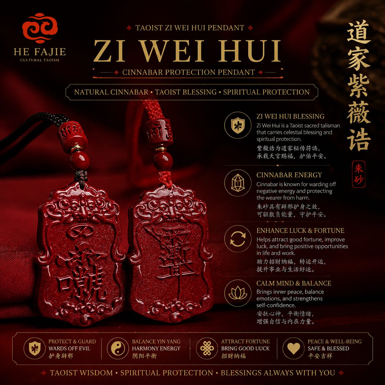 Cinnabar Purple薇 Hui Pendant - Daoist Amulet with Lei Zu Hui Ling — image 4
