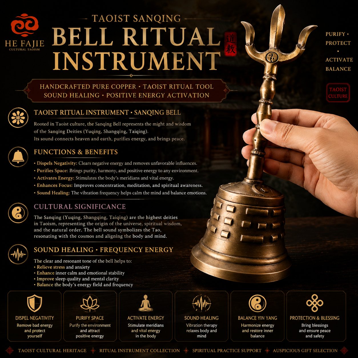 Handcrafted Copper Dao Bell, Sanqing Bell, Taoist Ritual Instrument — image 1
